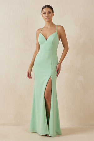 Spaghetti Strap Sheath Chiffon Bridesmaid Dress With Slit - SHE IS ME Bridesmaid Dresses