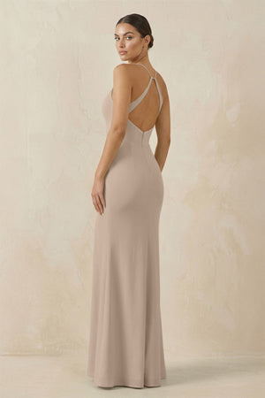 Spaghetti Strap Sheath Chiffon Bridesmaid Dress With Slit in Almond - SHE IS ME Bridesmaid Dresses