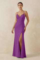 Spaghetti Strap Sheath Chiffon Bridesmaid Dress With Slit in Amethyst - KISS BRIDAL Bridesmaid Dresses