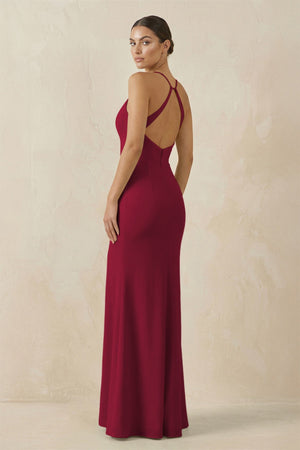 Spaghetti Strap Sheath Chiffon Bridesmaid Dress With Slit in Berry - SHE IS ME Bridesmaid Dresses