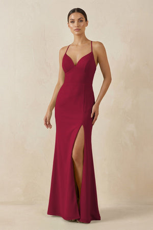 Spaghetti Strap Sheath Chiffon Bridesmaid Dress With Slit in Berry - SHE IS ME Bridesmaid Dresses