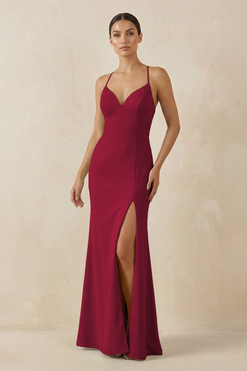 Spaghetti Strap Sheath Chiffon Bridesmaid Dress With Slit in Berry - SHE IS ME Bridesmaid Dresses