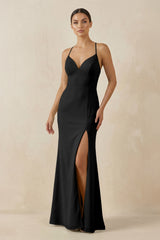 Spaghetti Strap Sheath Chiffon Bridesmaid Dress With Slit in Black - KISS BRIDAL Bridesmaid Dresses