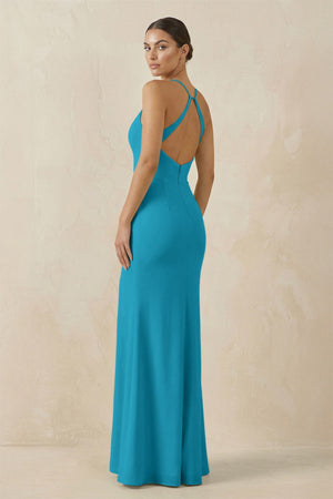 Spaghetti Strap Sheath Chiffon Bridesmaid Dress With Slit in Blue Jay - SHE IS ME Bridesmaid Dresses