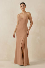 Spaghetti Strap Sheath Chiffon Bridesmaid Dress With Slit in Bronzer - KISS BRIDAL Bridesmaid Dresses