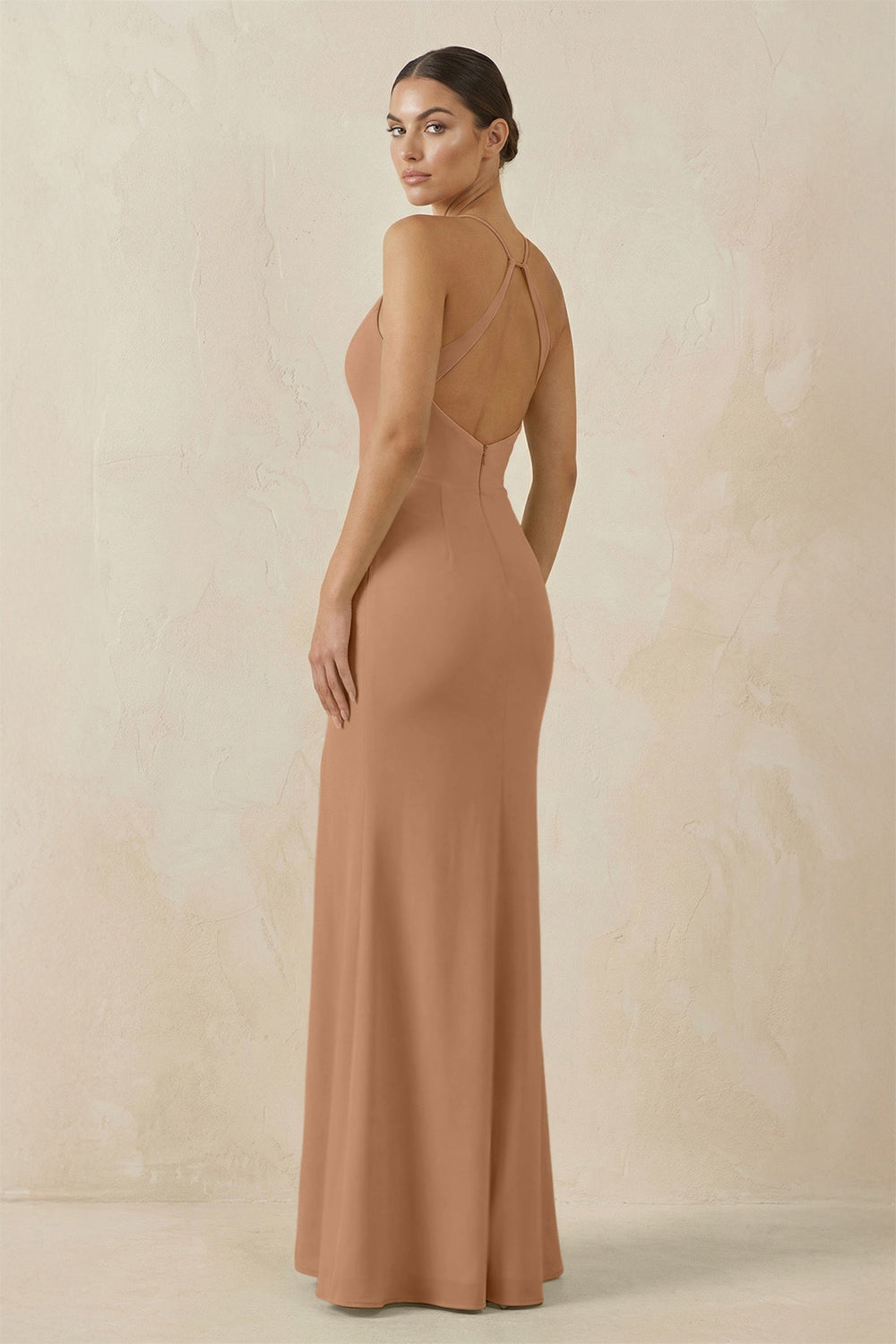 Spaghetti Strap Sheath Chiffon Bridesmaid Dress With Slit in Bronzer - SHE IS ME Bridesmaid Dresses