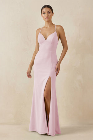 Spaghetti Strap Sheath Chiffon Bridesmaid Dress With Slit in Candy Pink - SHE IS ME Bridesmaid Dresses