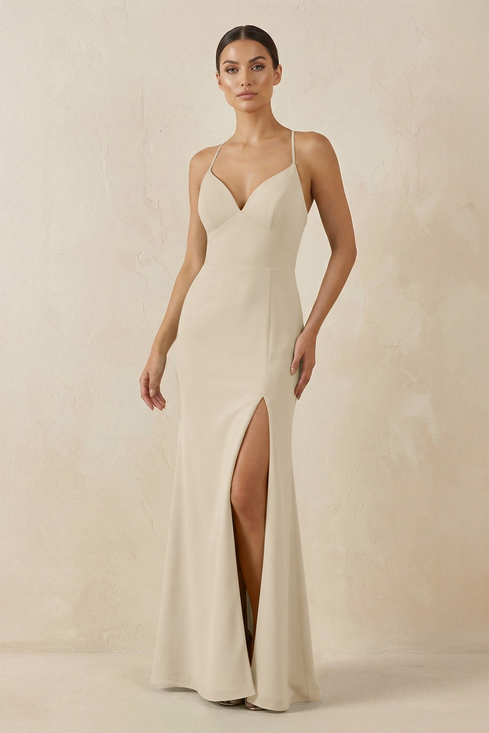 Spaghetti Strap Sheath Chiffon Bridesmaid Dress With Slit in Champagne - SHE IS ME Bridesmaid Dresses