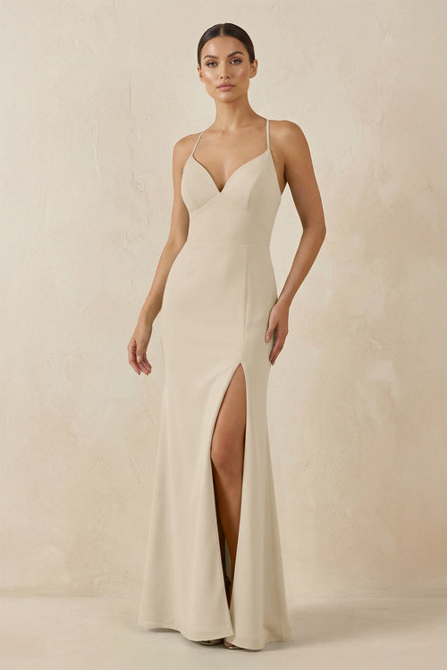 Spaghetti Strap Sheath Chiffon Bridesmaid Dress With Slit in Champagne - SHE IS ME Bridesmaid Dresses