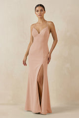 Spaghetti Strap Sheath Chiffon Bridesmaid Dress With Slit in Champagne Rose - KISS BRIDAL Bridesmaid Dresses