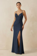 Spaghetti Strap Sheath Chiffon Bridesmaid Dress With Slit in Dark Navy - SHE IS ME Bridesmaid Dresses
