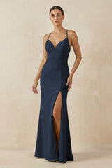 Spaghetti Strap Sheath Chiffon Bridesmaid Dress With Slit in Dark Navy - KISS BRIDAL Bridesmaid Dresses
