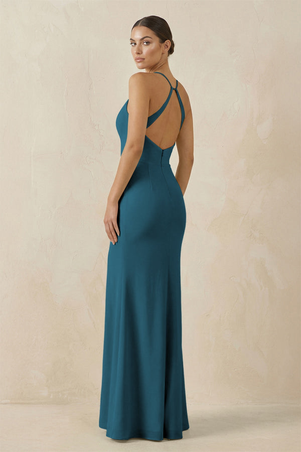 Spaghetti Strap Sheath Chiffon Bridesmaid Dress With Slit in Dark Teal - SHE IS ME Bridesmaid Dresses
