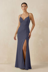 Spaghetti Strap Sheath Chiffon Bridesmaid Dress With Slit in Dusk Blue - KISS BRIDAL Bridesmaid Dresses
