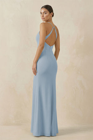 Spaghetti Strap Sheath Chiffon Bridesmaid Dress With Slit in Dusty Blue - SHE IS ME Bridesmaid Dresses