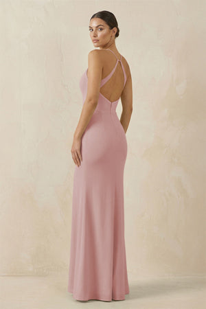 Spaghetti Strap Sheath Chiffon Bridesmaid Dress With Slit in Dusty Rose - SHE IS ME Bridesmaid Dresses