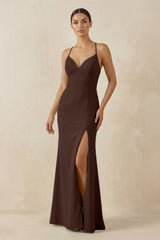 Spaghetti Strap Sheath Chiffon Bridesmaid Dress With Slit in Espresso - KISS BRIDAL Bridesmaid Dresses