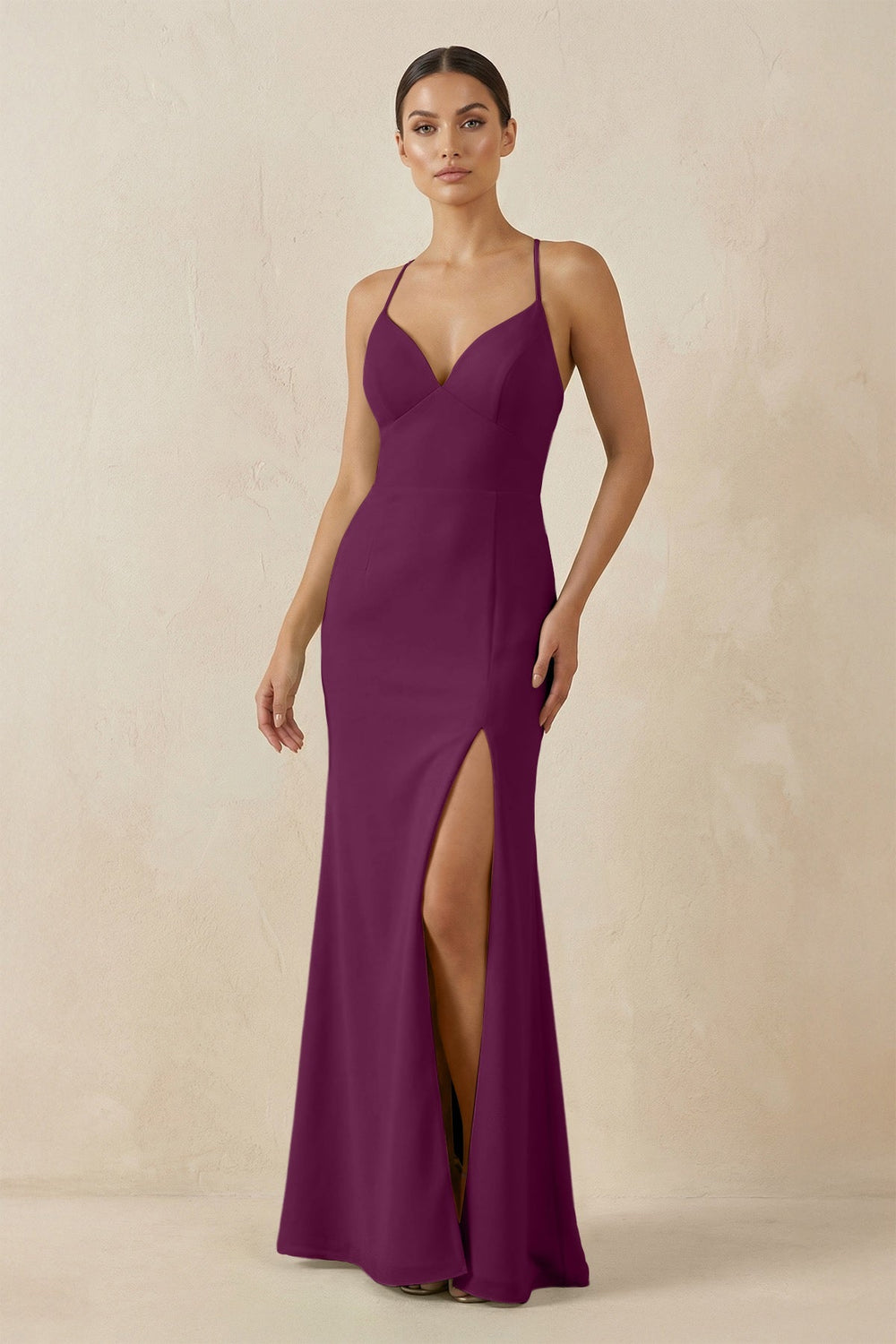 Spaghetti Strap Sheath Chiffon Bridesmaid Dress With Slit in Fig - SHE IS ME Bridesmaid Dresses