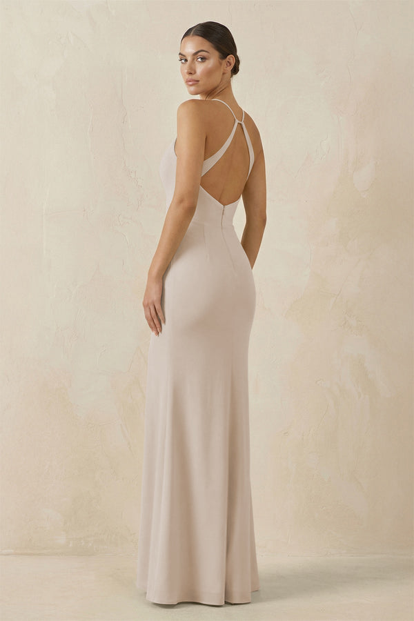 Spaghetti Strap Sheath Chiffon Bridesmaid Dress With Slit in Frost - SHE IS ME Bridesmaid Dresses