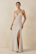 Spaghetti Strap Sheath Chiffon Bridesmaid Dress With Slit in Frost - SHE IS ME Bridesmaid Dresses