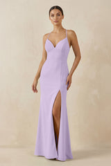 Spaghetti Strap Sheath Chiffon Bridesmaid Dress With Slit in Lavender - KISS BRIDAL Bridesmaid Dresses