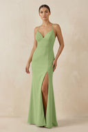 Spaghetti Strap Sheath Chiffon Bridesmaid Dress With Slit in Matcha - SHE IS ME Bridesmaid Dresses