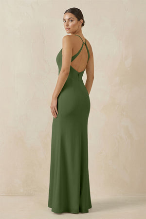 Spaghetti Strap Sheath Chiffon Bridesmaid Dress With Slit in Moss (2) | KISSBRIDAL
