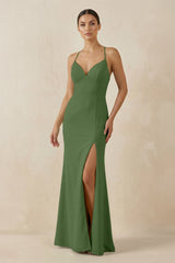 Spaghetti Strap Sheath Chiffon Bridesmaid Dress With Slit in Moss - KISS BRIDAL Bridesmaid Dresses