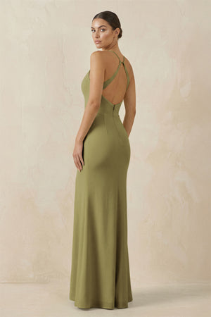 Spaghetti Strap Sheath Chiffon Bridesmaid Dress With Slit in Moss Green (2) | KISSBRIDAL