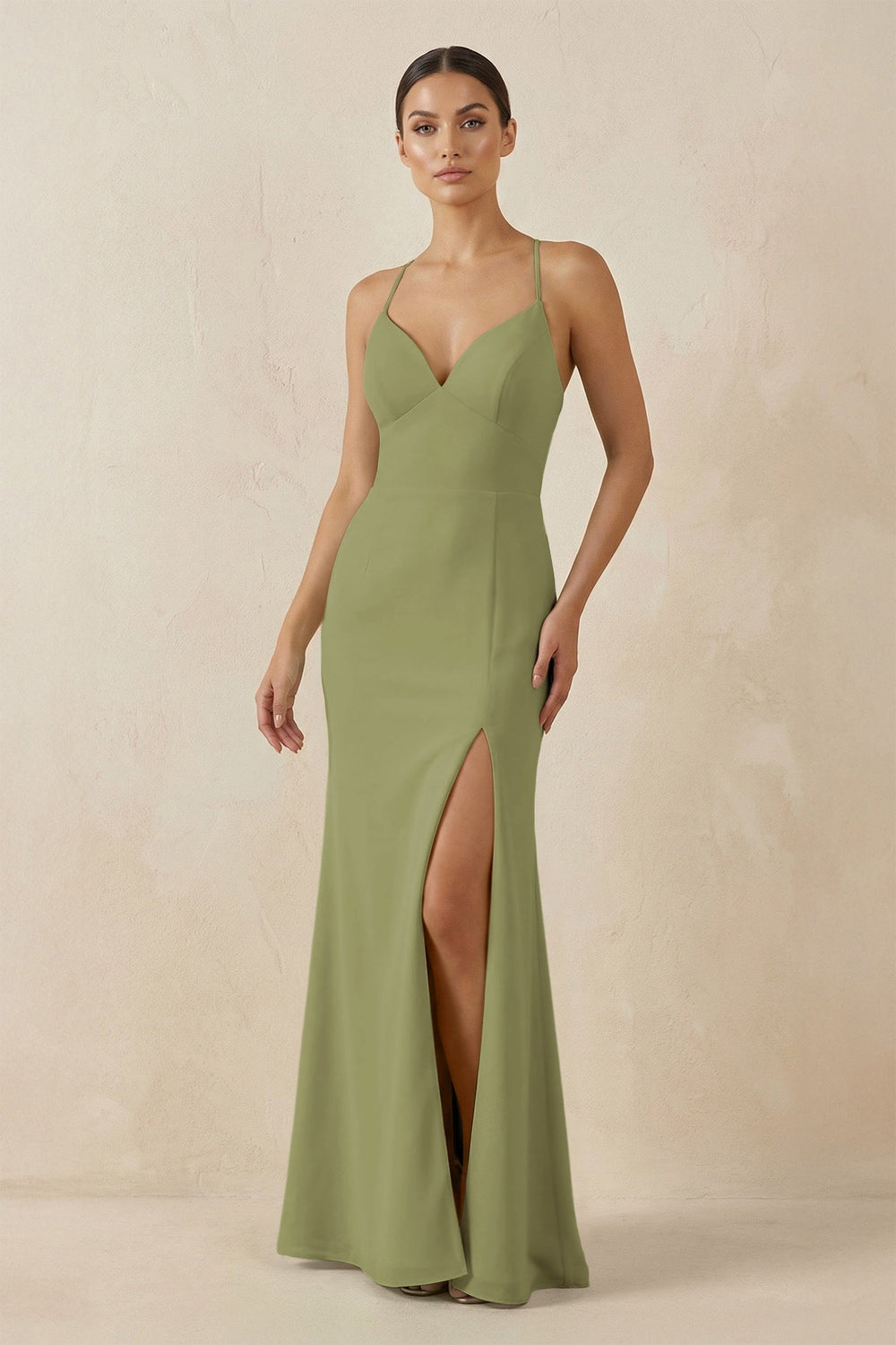 Spaghetti Strap Sheath Chiffon Bridesmaid Dress With Slit in Moss Green - SHE IS ME Bridesmaid Dresses