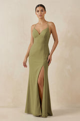 Spaghetti Strap Sheath Chiffon Bridesmaid Dress With Slit in Moss Green | KISSBRIDAL