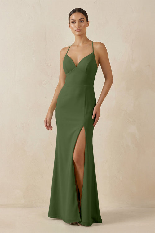 Spaghetti Strap Sheath Chiffon Bridesmaid Dress With Slit in Moss | KISSBRIDAL