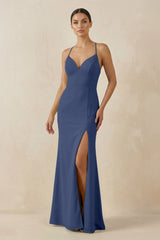 Spaghetti Strap Sheath Chiffon Bridesmaid Dress With Slit in Navy - KISS BRIDAL Bridesmaid Dresses