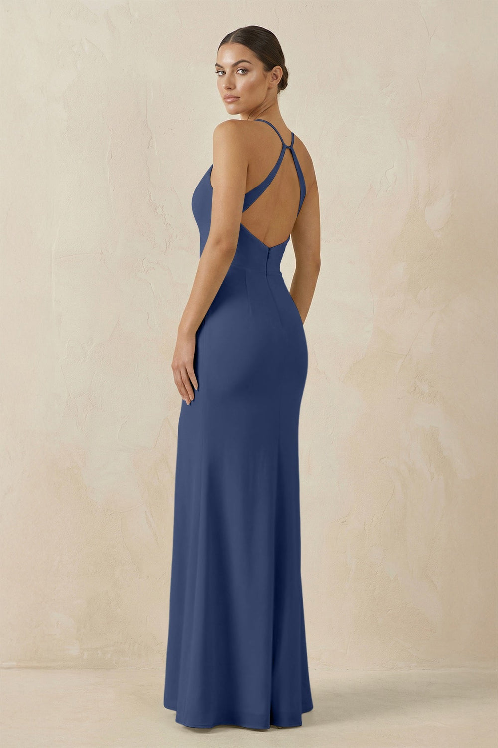 Spaghetti Strap Sheath Chiffon Bridesmaid Dress With Slit in Navy - SHE IS ME Bridesmaid Dresses