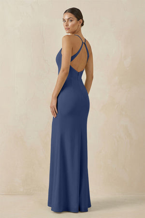 Spaghetti Strap Sheath Chiffon Bridesmaid Dress With Slit in Navy - SHE IS ME Bridesmaid Dresses