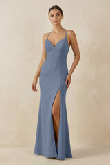 Spaghetti Strap Sheath Chiffon Bridesmaid Dress With Slit in Neptune - KISS BRIDAL Bridesmaid Dresses
