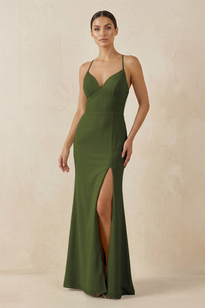 Spaghetti Strap Sheath Chiffon Bridesmaid Dress With Slit in Olive - SHE IS ME Bridesmaid Dresses