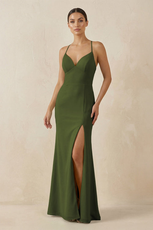 Spaghetti Strap Sheath Chiffon Bridesmaid Dress With Slit in Olive - SHE IS ME Bridesmaid Dresses