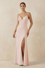 Spaghetti Strap Sheath Chiffon Bridesmaid Dress With Slit in Pale Blush - KISS BRIDAL Bridesmaid Dresses
