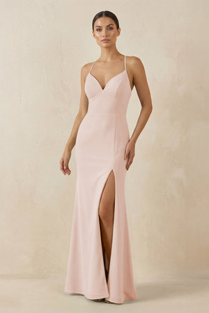 Spaghetti Strap Sheath Chiffon Bridesmaid Dress With Slit in Pale Blush - SHE IS ME Bridesmaid Dresses