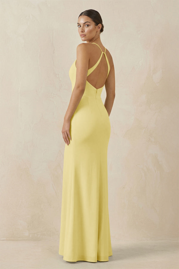 Spaghetti Strap Sheath Chiffon Bridesmaid Dress With Slit in Pastel Yellow - SHE IS ME Bridesmaid Dresses