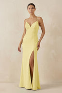 Spaghetti Strap Sheath Chiffon Bridesmaid Dress With Slit in Pastel Yellow - SHE IS ME Bridesmaid Dresses