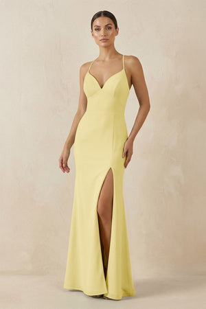 Spaghetti Strap Sheath Chiffon Bridesmaid Dress With Slit in Pastel Yellow - SHE IS ME Bridesmaid Dresses