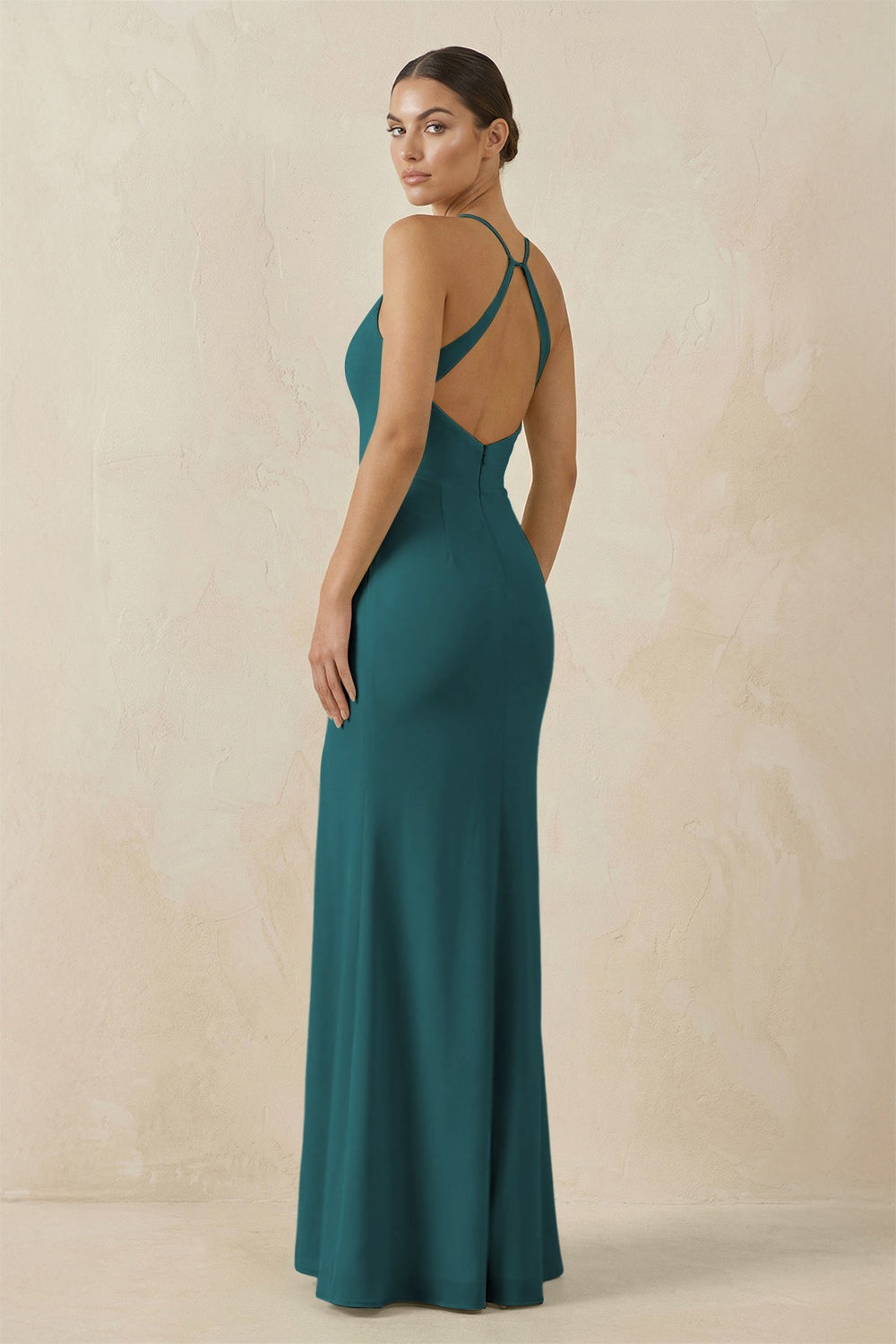 Spaghetti Strap Sheath Chiffon Bridesmaid Dress With Slit in Pine - SHE IS ME Bridesmaid Dresses