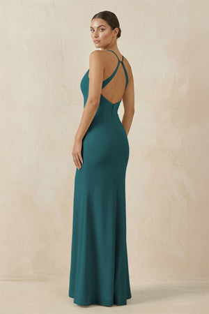 Spaghetti Strap Sheath Chiffon Bridesmaid Dress With Slit in Pine - SHE IS ME Bridesmaid Dresses