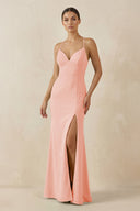 Spaghetti Strap Sheath Chiffon Bridesmaid Dress With Slit in Rose Petal - SHE IS ME Bridesmaid Dresses