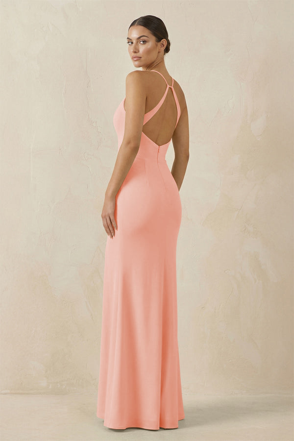 Spaghetti Strap Sheath Chiffon Bridesmaid Dress With Slit in Rose Petal - SHE IS ME Bridesmaid Dresses