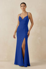 Spaghetti Strap Sheath Chiffon Bridesmaid Dress With Slit in Royal Blue - KISS BRIDAL Bridesmaid Dresses