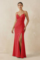 Spaghetti Strap Sheath Chiffon Bridesmaid Dress With Slit in Ruby Red - SHE IS ME Bridesmaid Dresses