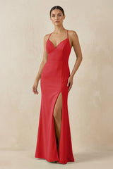 Spaghetti Strap Sheath Chiffon Bridesmaid Dress With Slit in Ruby Red - KISS BRIDAL Bridesmaid Dresses